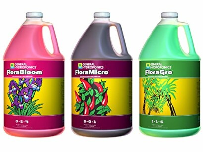 Three bottles of General Hydroponics nutrients: FloraBloom, FloraMicro, and FloraGro.