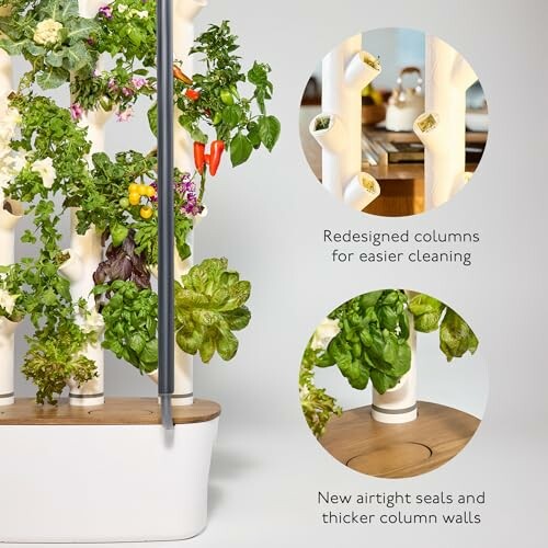 Hydroponic garden system with redesigned columns and airtight seals.