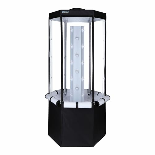 Indoor hydroponic garden tower with LED lights.