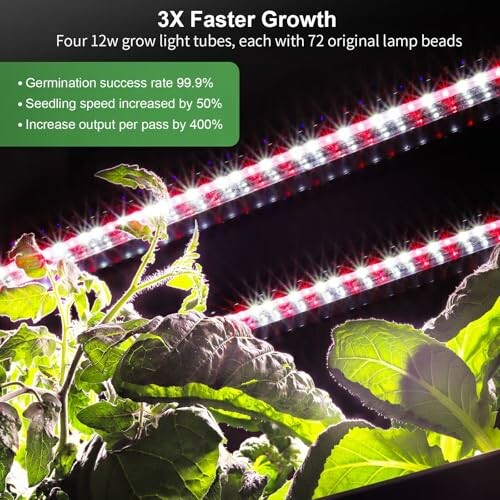 LED grow lights promoting plant growth with statistics on improved germination and speed.