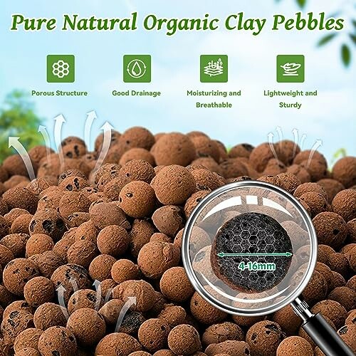 Pure natural organic clay pebbles with benefits highlighted.