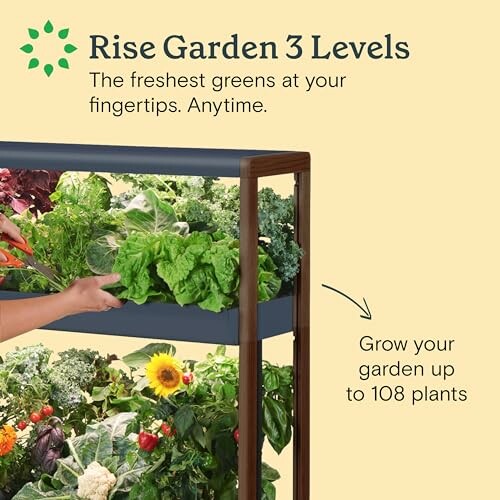 3-level indoor garden with various plants and vegetables.
