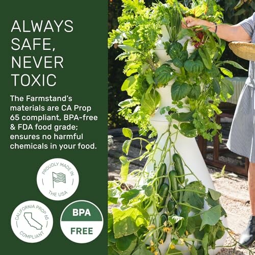 Vertical garden planter with lush greenery and text about safety and compliance.