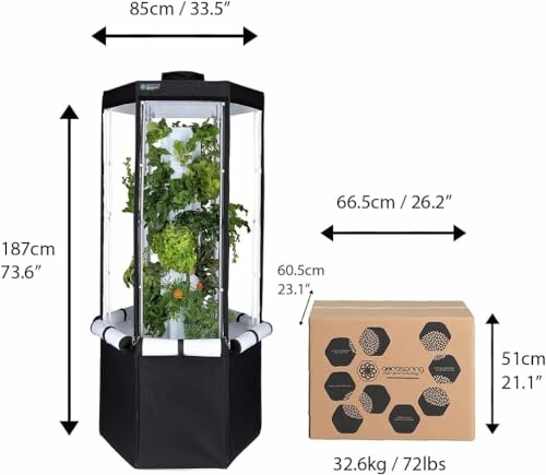 Vertical hydroponic garden system with packaging dimensions.